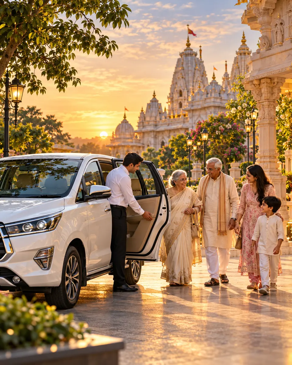 A driver helps an elderly couple and their family into a white Innova outside a temple in Vrindavan
